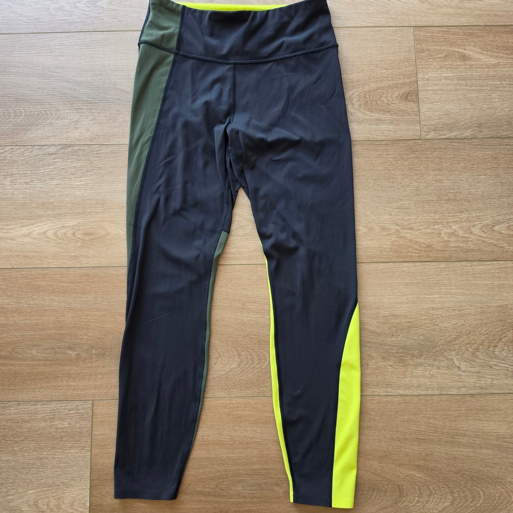 Athleta Asym Colorblock Tight Black Olive Neon Yellow Leggings Medium
